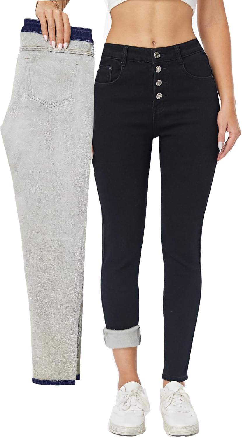 heipeiwa Fleece Lined Jeans Women's Winter Thermal Jeans Flannel Lined Skinny Denim Jeans 4 Buttons
