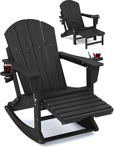 KINGYES Mecedora plegable Adirondack con otomana retráctil y portavasos, silla Adirondack multifuncional de HDPE 4 en 1 para porche, patio, balcón,