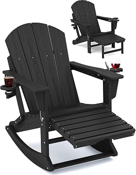 KINGYES Adirondack Rocking Chair with Retractable Ottoman and Cup Holders, HDPE Adirondack Rocker Patio Rocking Chair for Porch, Patio, Balcony, Black