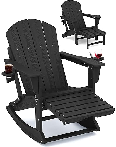KINGYES Adirondack Rocking Chair with Retractable Ottoman and Cup Holders, HDPE 