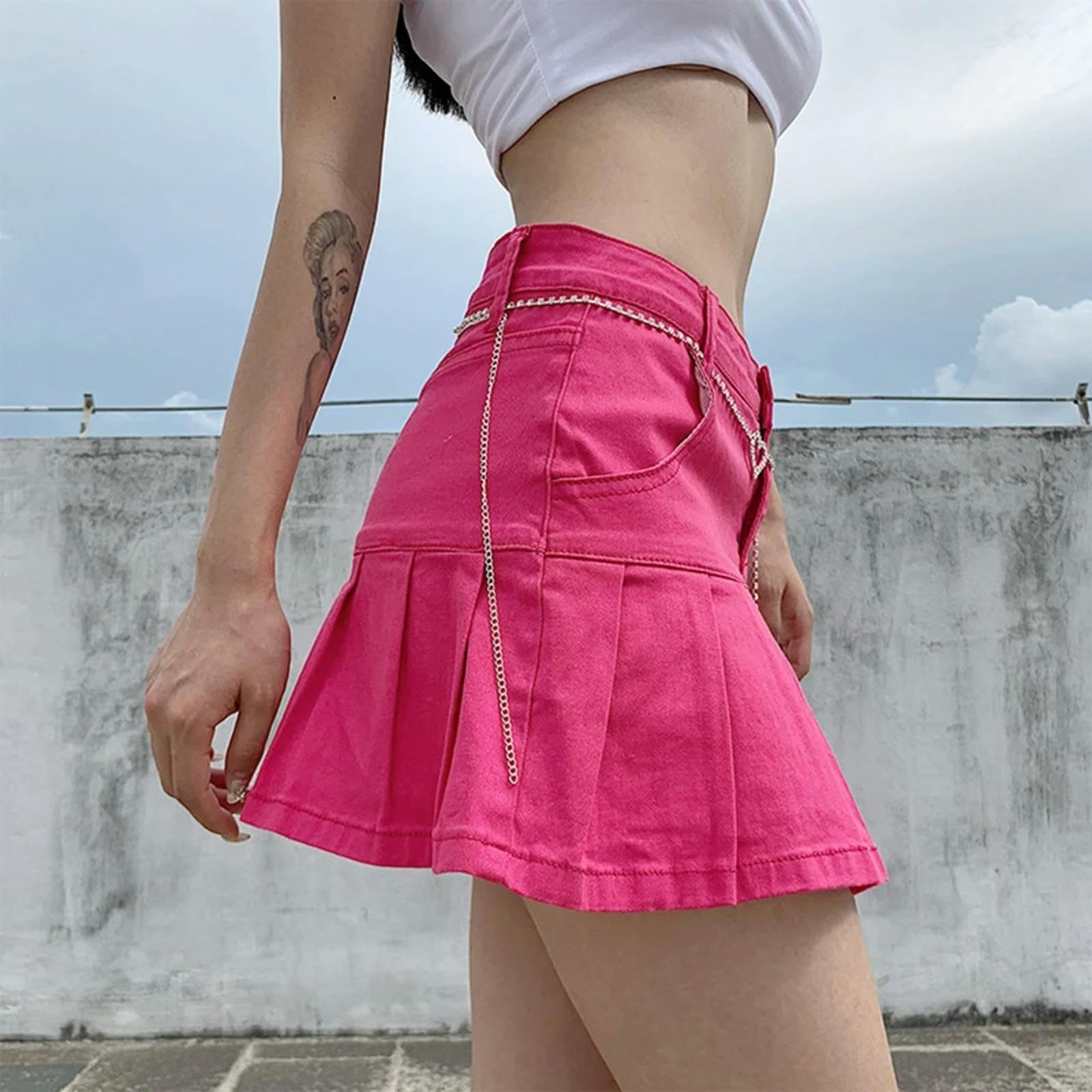 Jupe Patineuse en Jean plissée Taille Haute pour Femmes, à Volants, Harajuku, Lolita, Slim, Swing, Streetwear, PK-MS
