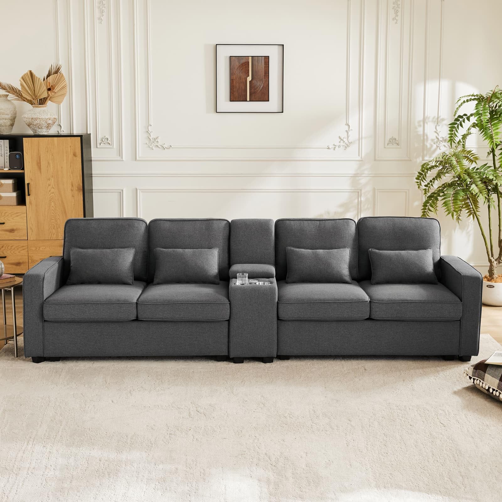 KOMHTOM Canapé Beige/Gris avec Coussins Canapé 4 Places avec Rangement, Grand canapé avec Porte-gobelet et Port de Charge Meubles de Salon (Gris foncé)