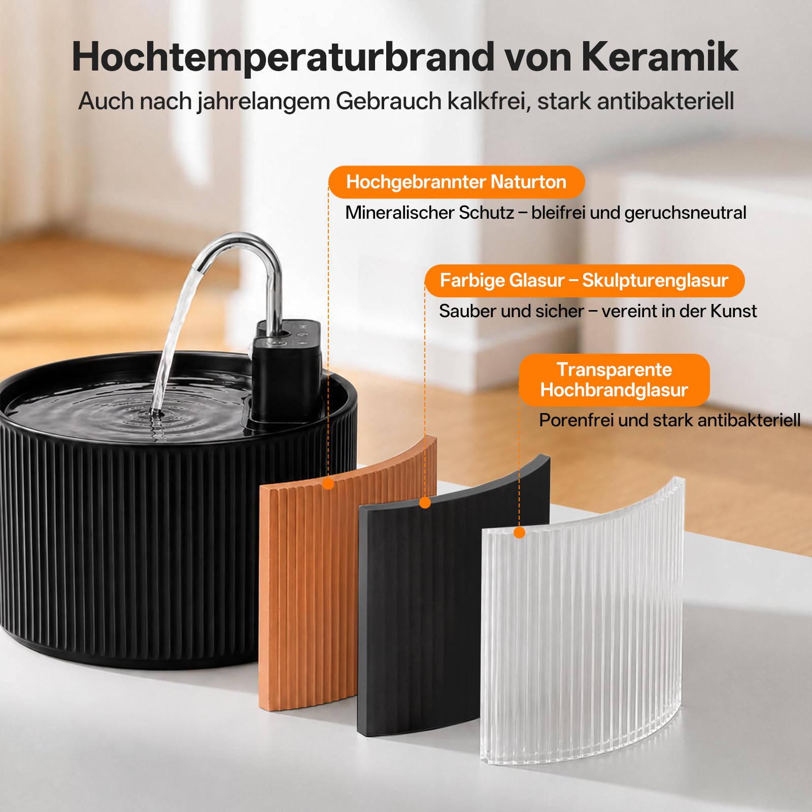 Fontana per gatti senza fili in ceramica, 2,2 l, silenziosa, sensore di movimento, dispenser automatico di acqua per gatti e cani, con sistema di filtraggio, batteria da 42000 mAh (nero)