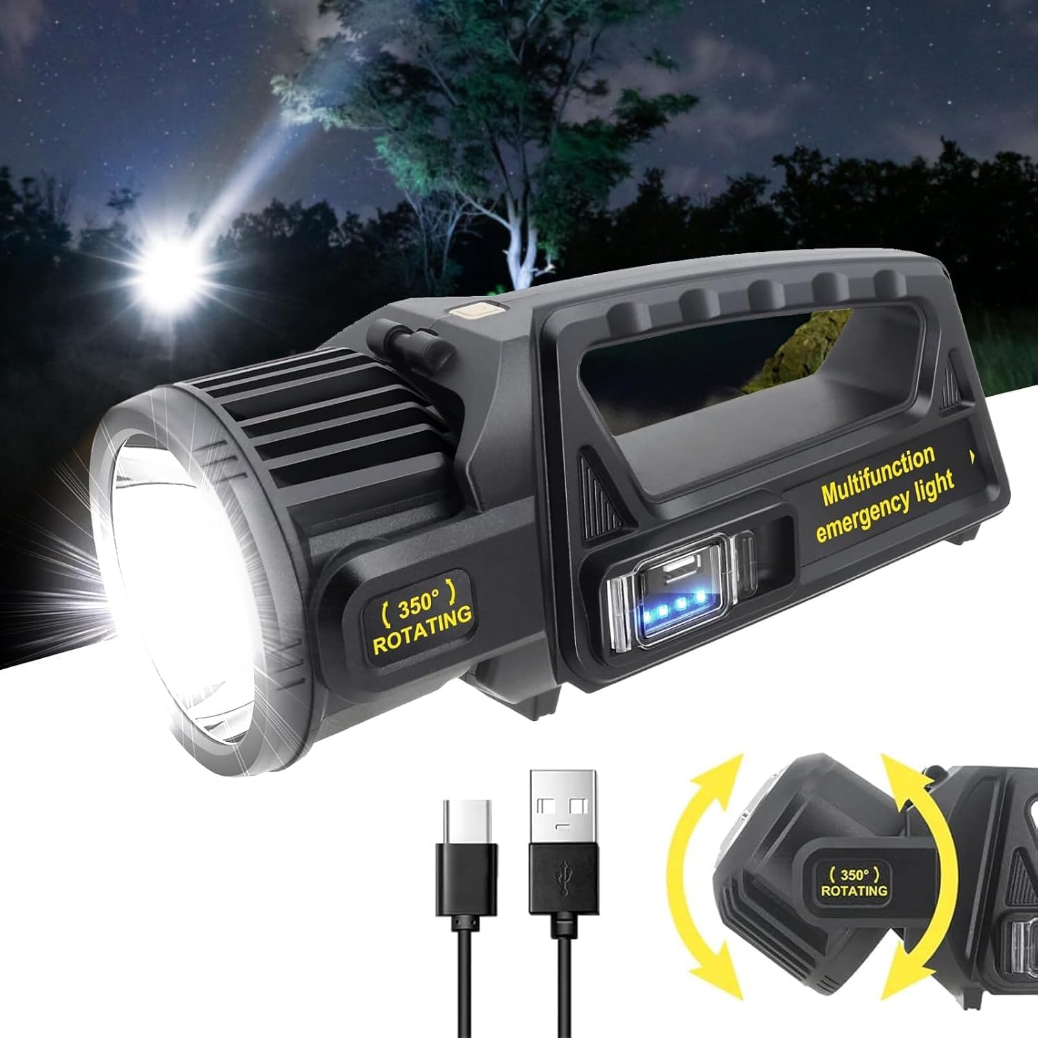 Mokshith Torch Searchlight Handheld Portable LED Spotlight,1000000 Lumens Powerful Spotlight Torch with 350° Rotate Head, USB Rechargeable Flashlight for Mining,Camping, Hiking, Fishing (MO-05)-image-22