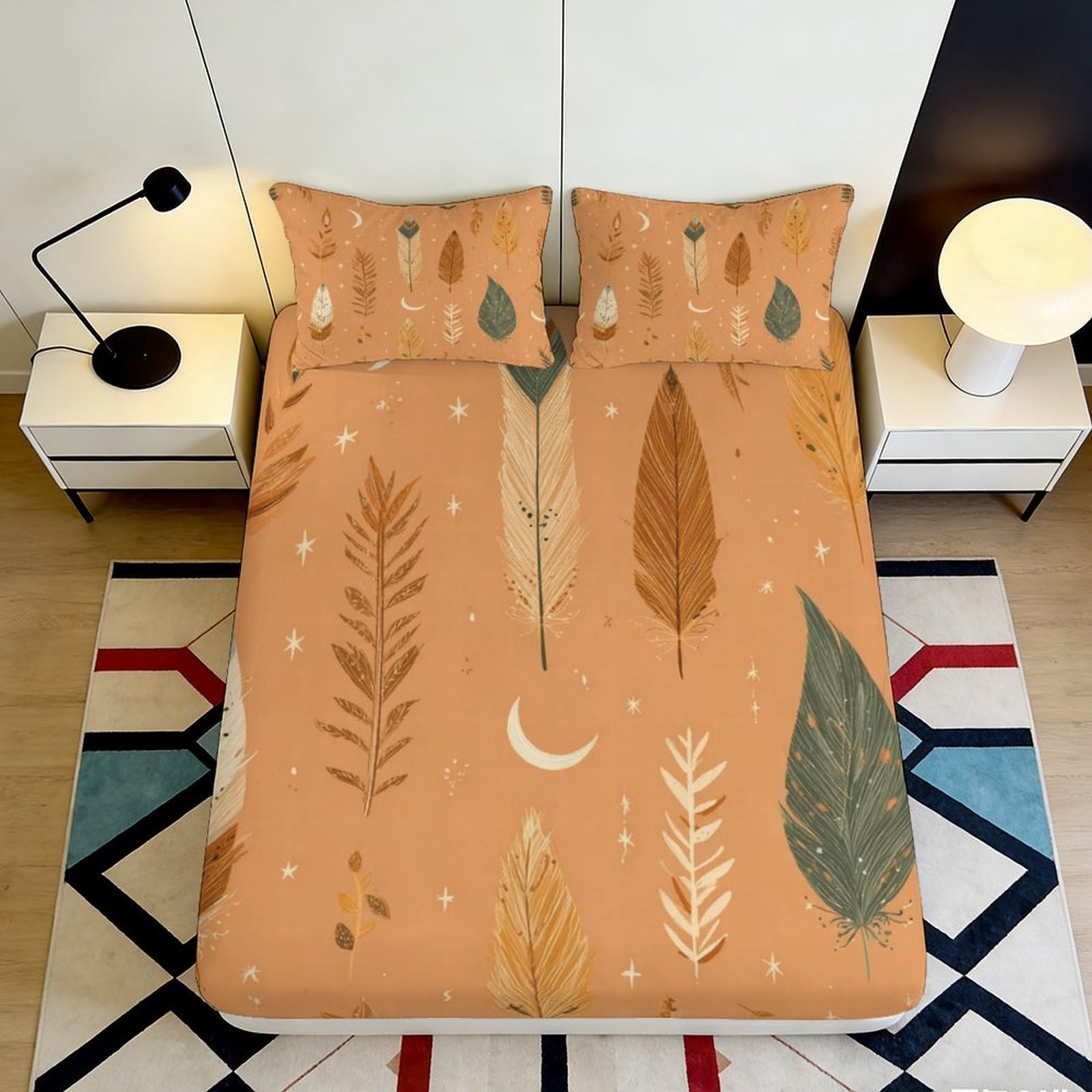 Jqzkxnhpbr Style-8 3D Printed Boho Leaf Fitted Sheet Microfiber Soft Rust Orange Moon Mattress Cover For Bedroom Dorm Decorative Protection 90X200x25cm