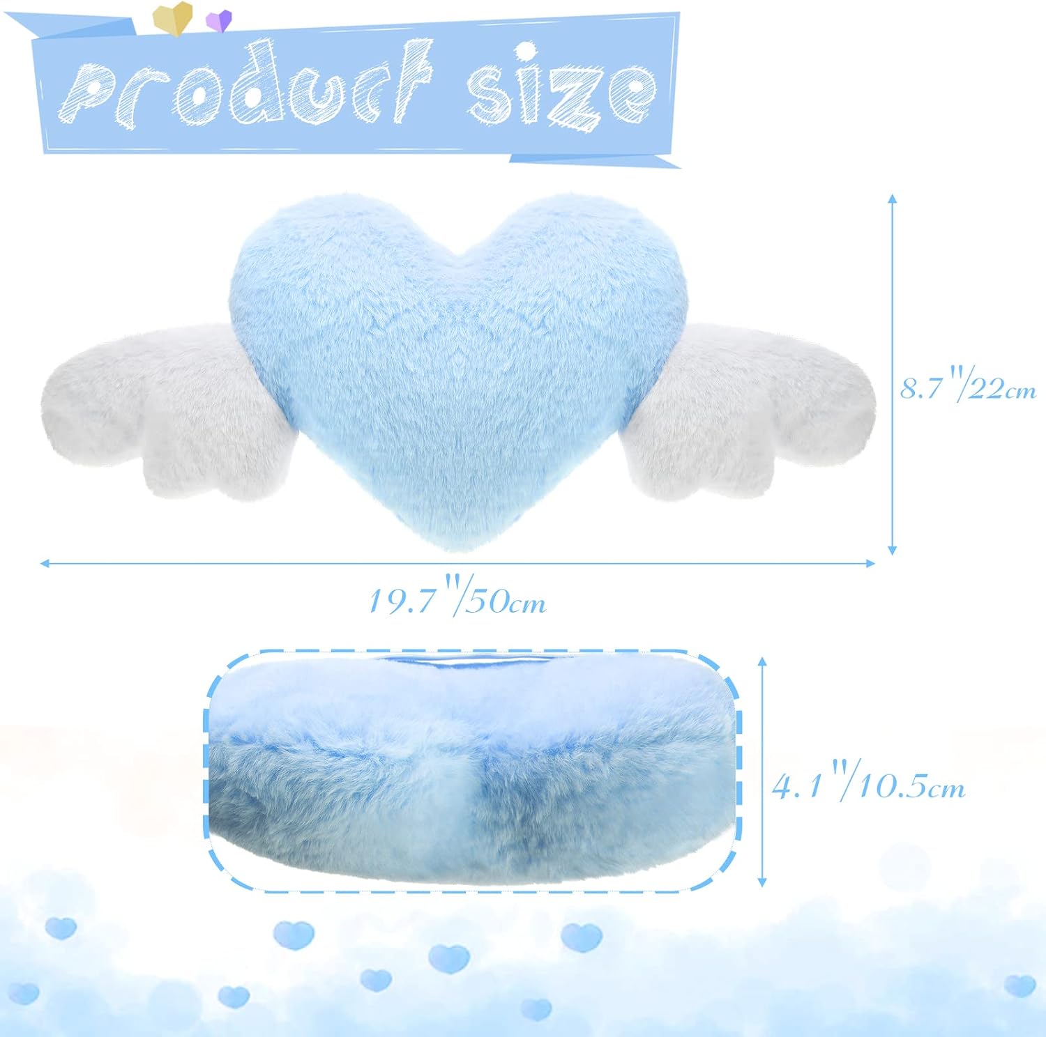 Macarrie 2 Pcs Plush Heart Shaped Pillow with Angel Wings Car Headrest Soft Comfortable Seat Pillow for Driving Travelling Room Office Car Decor, 19.7 x 8.3 Inch(Light Blue)