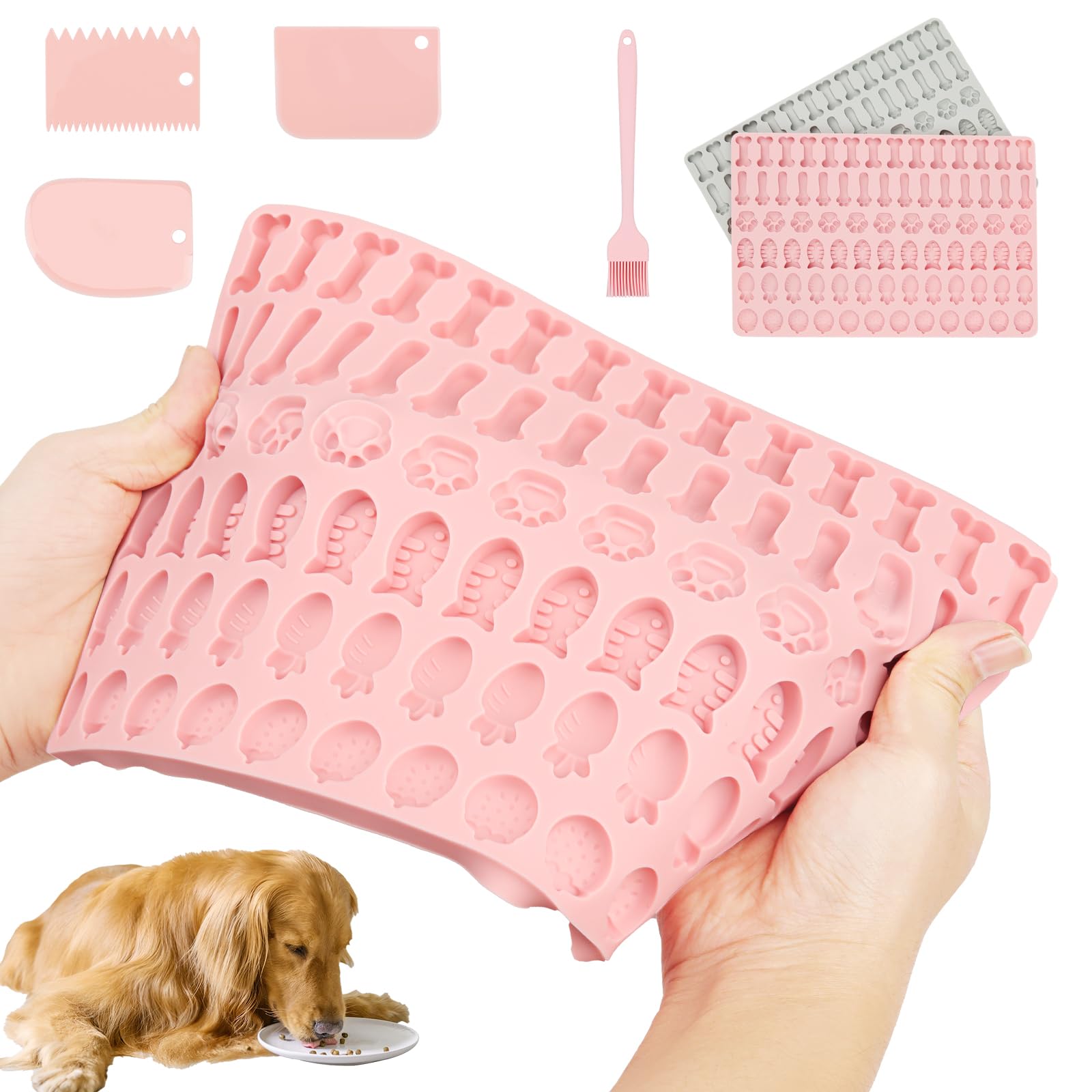 Backmatte Hundekekse, 2 Stück Silikon Lebensmittelqualität Hundekekse Backform mit Teigschaber und Backpinsel, Die Backmatte Hundekekse hat 78 Fächer für DIY Hundesnacks, Kekse, Schokolade, Kuchen