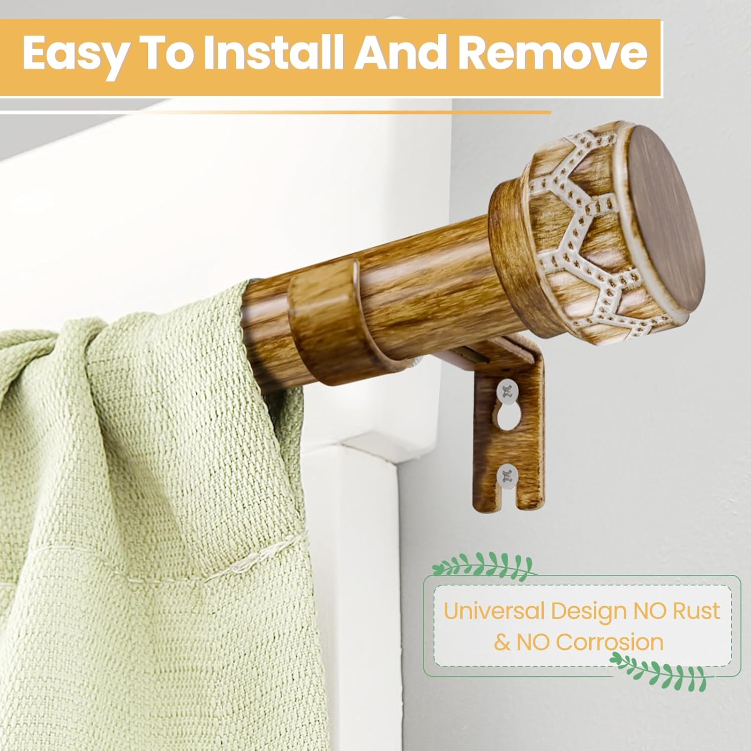 Wood Curtain Rods for Windows 66 to 120 Inch(5.5-10ft), 1 Inch Diameter Heavy Duty Curtain Rod, Adjustable Decorative Drapery Poles with Carved Round Boho Finials For bedroom & livingroom