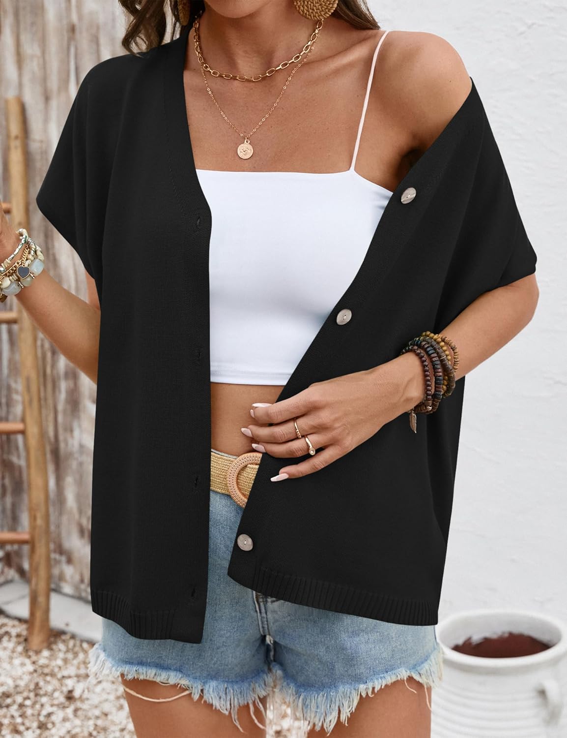 LOMON Oversided Cardigan Sweaters for Women Short Cap Sleeve V-Neck Casual Button Lightweight Knitted Trendy Sweater S-XL - Image 5