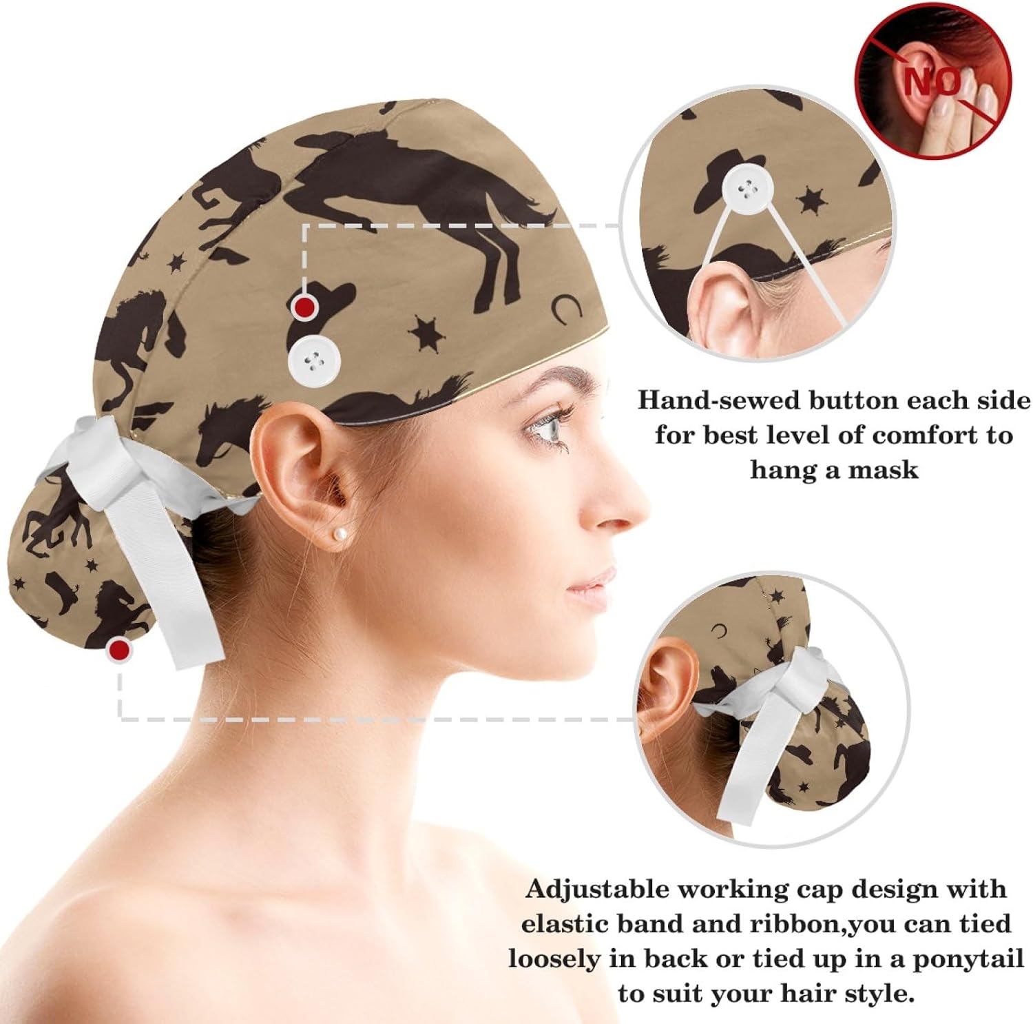Adjustable Winter Blue Snowflake Surgical Scrub Cap with Button, Ponytail Pouch, Sweatband for Women with Bow Hair Scrunchy