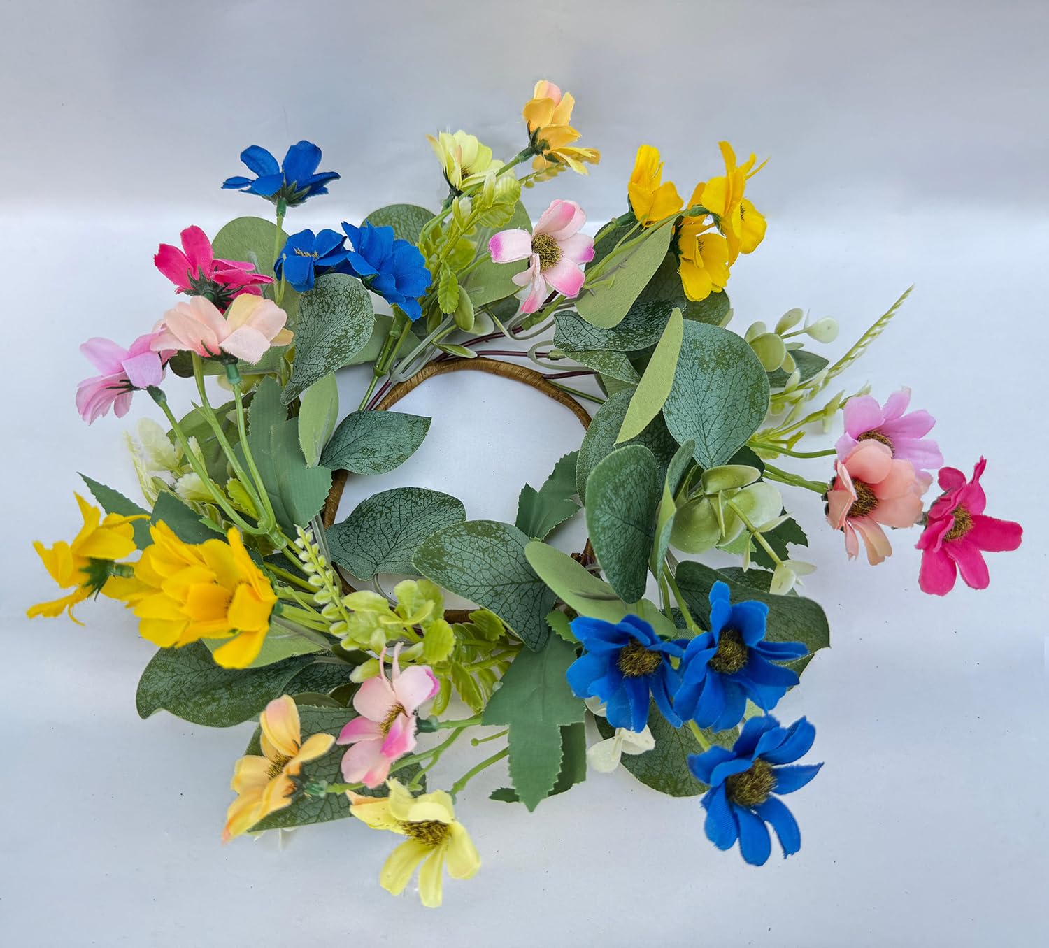 Candle Rings Wreaths 4 Inch Center, 2 Pack Yellow White Pink Purple Daisy Flower and Berry Artificial Eucalyptus Floral Decor Spring Summer Candle Small Wreaths Ring for Rustic Country Theme(C)