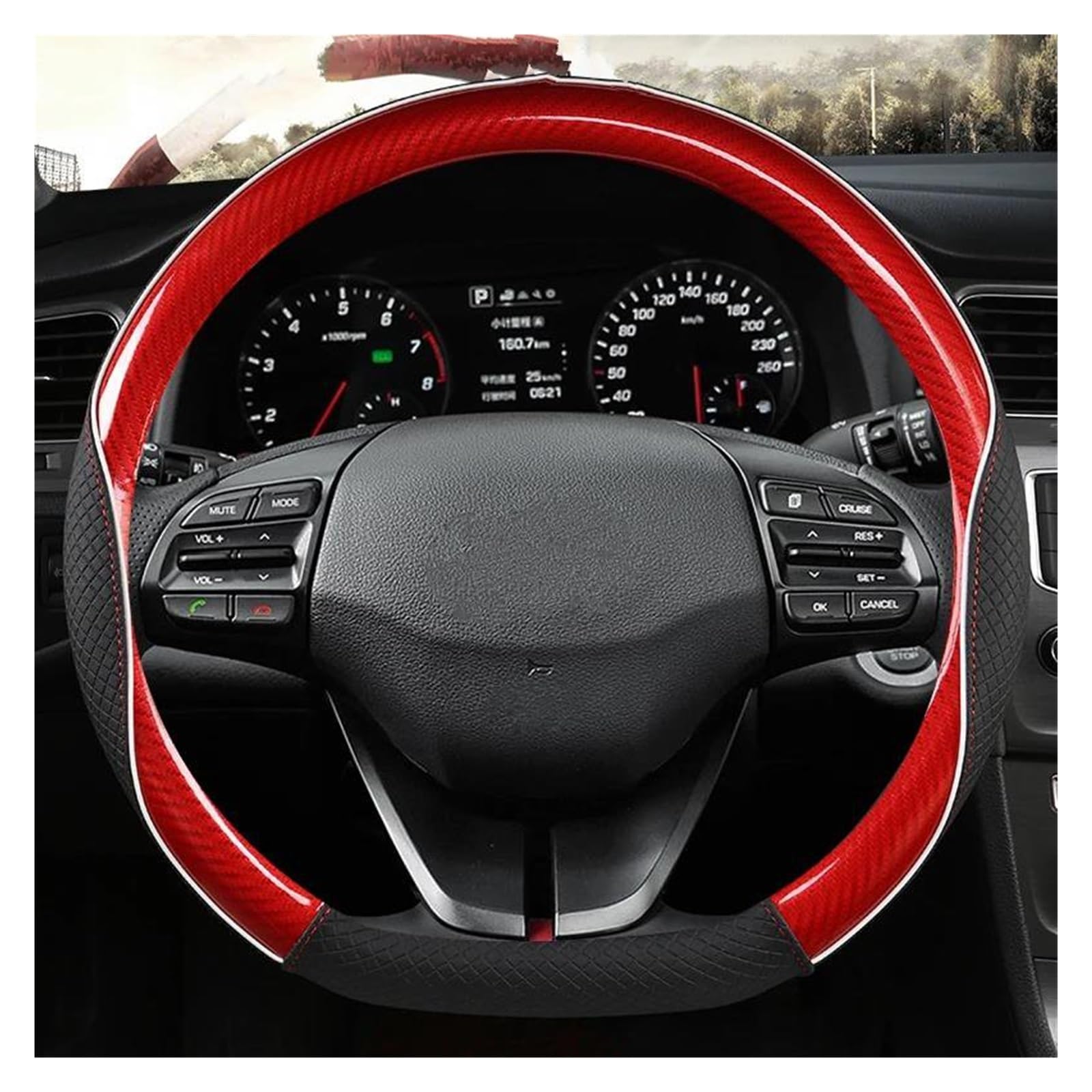 Pokrowiec na kierownicę w kształcie litery D, 38 cm, ze skóry węglowej, do Hyundai Elantra 4 Sport (2015-2019), czerwono-brązowy panel