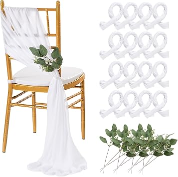 QueenDream White Chair Sashes Wedding 16 Pieces Long Sheer Wedding Aisle Chair Decorations Tulle Chairs Covers with Artificial Eucalyptus