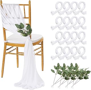 QueenDream White Chair Sashes Wedding: 16 Pieces Long Sheer Wedding Aisle Chair Decorations Tulle Chairs Covers with Artificial Eucalyptus