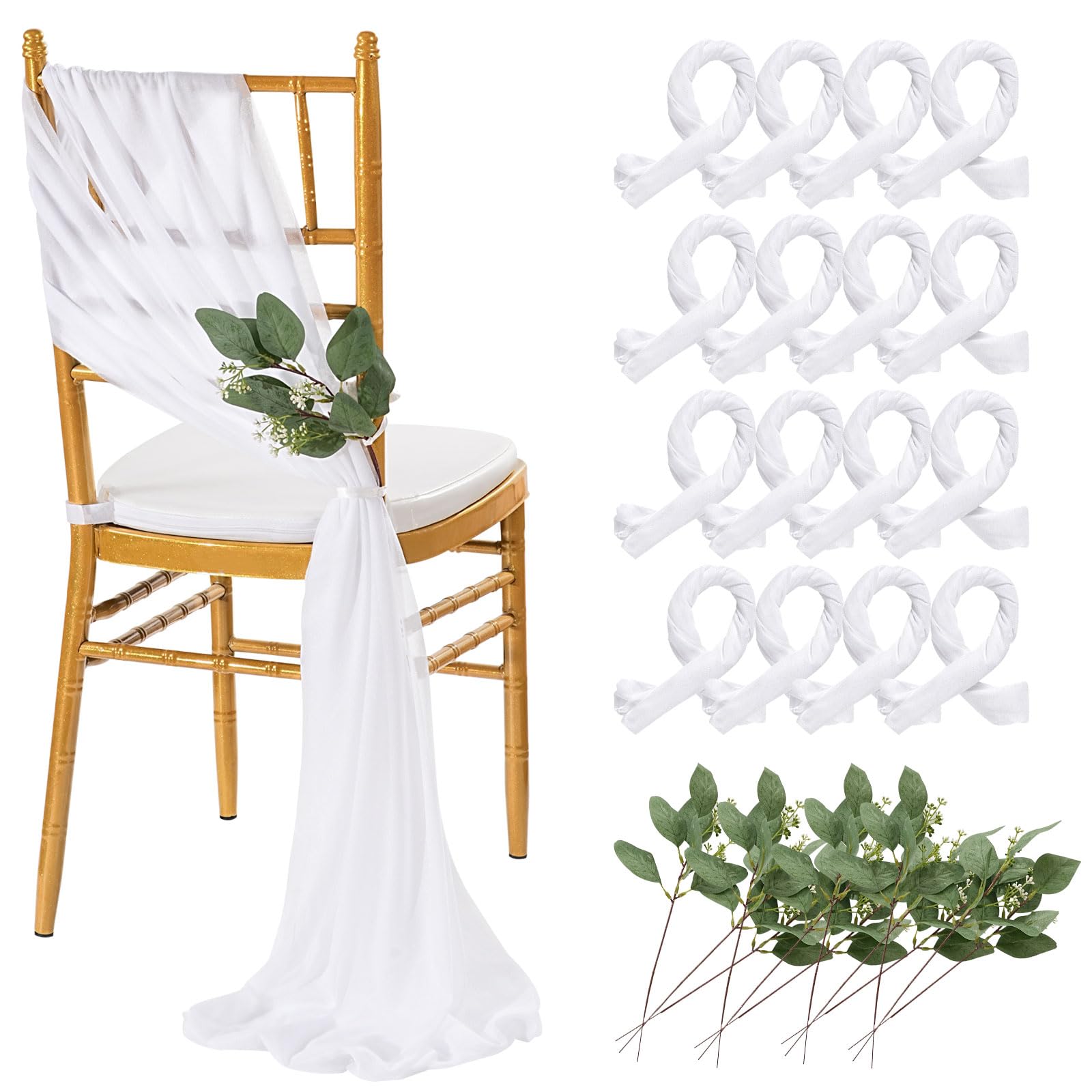 QueenDream White Chair Sashes Wedding: 16 Pieces Long Sheer Wedding Aisle Chair Decorations Tulle Chair Covers with Artificial Eucalyptus