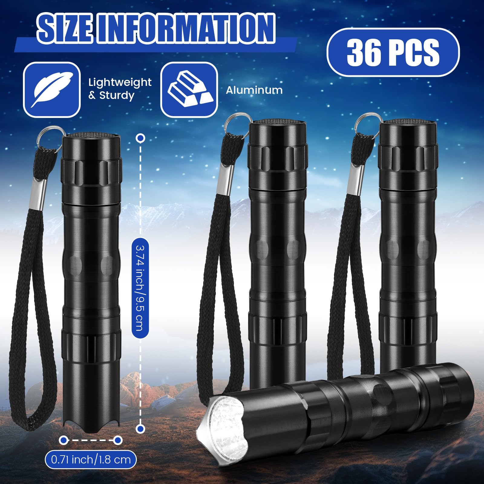 Tujoe 36 mini linternas LED de aluminio brillante a granel con cordón, pequeñas linternas LED para lectura nocturna, emergencia, huracán, camping, senderismo, recuerdos de fiesta (negro)