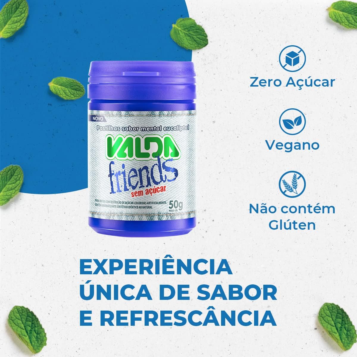 Pastilhas Valda Friends com Mentol e Eucaliptol - Sem Açúcar (Sabor Menta) - Refrescância Instantânea – Kit com 6 Potes de 50g