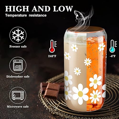 Miniatura 2 de meekoo 8 tazas de vidrio con tapas y pajitas de 16 onzas con forma de lata de cerveza de 16 onzas, taza de café helado, con patrón reutilizable,