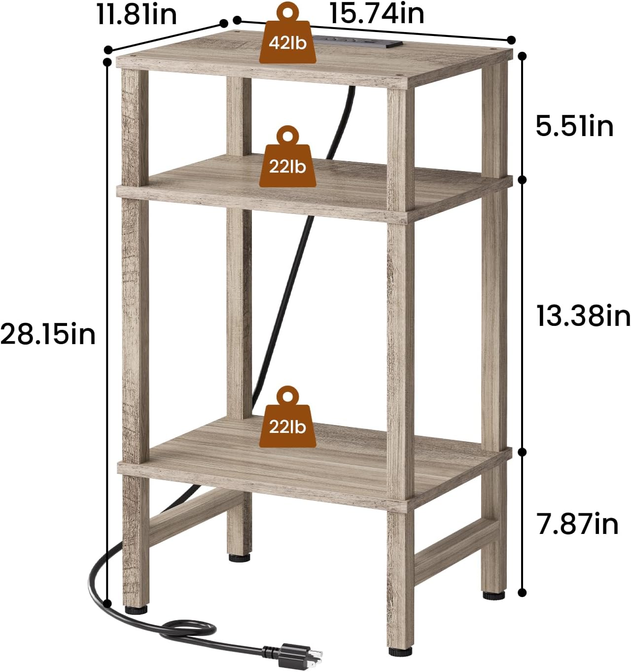 Asgolion 3 Tier End Table with Storage and Fast Charging Station, Tall Narrow Nightstand with Type C and USB Port, Small Side Table for Living Room, Bedroom, Office, Greige