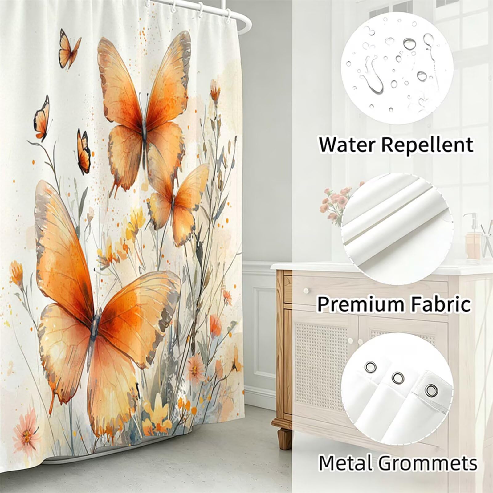 arancione Tenda Doccia 180x180cm,Tenda per Doccia Tessuto Poliestere Impermeabile Asciugatura Rapida 12 Anelli,Tende Finestra Bagno e Vasca Pieghevole per Angolare Casa Shower Curtain Farfalla J-508
