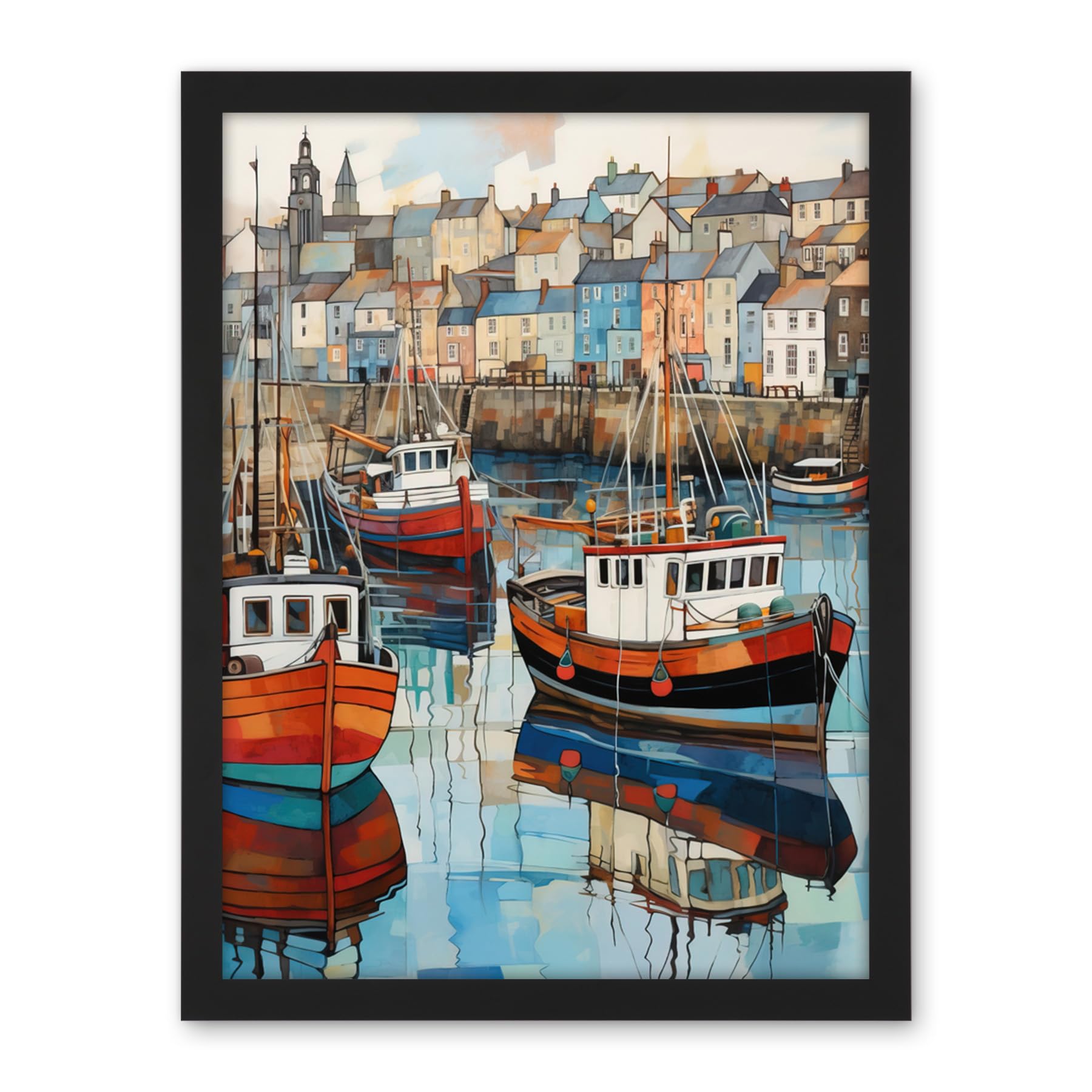 Artery8 Newlyn Harbour Trawler Boats Promenade Watercolour Painting Cornwall Coastal Townscape Artwork Framed Wall Art Print 18X24 Inch