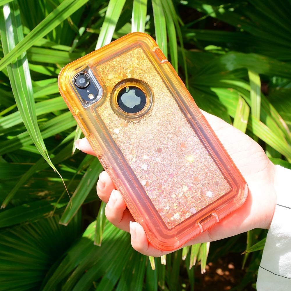 MAXCURY Glitter for iPhone XR Case, Defender Flowing 3D Liquid Quicksand Heavy Duty Shockproof Case Hard PC + Gradient TPU Bumper Cover for iPhone XR in 6.1 Inch. (Orange & Red)