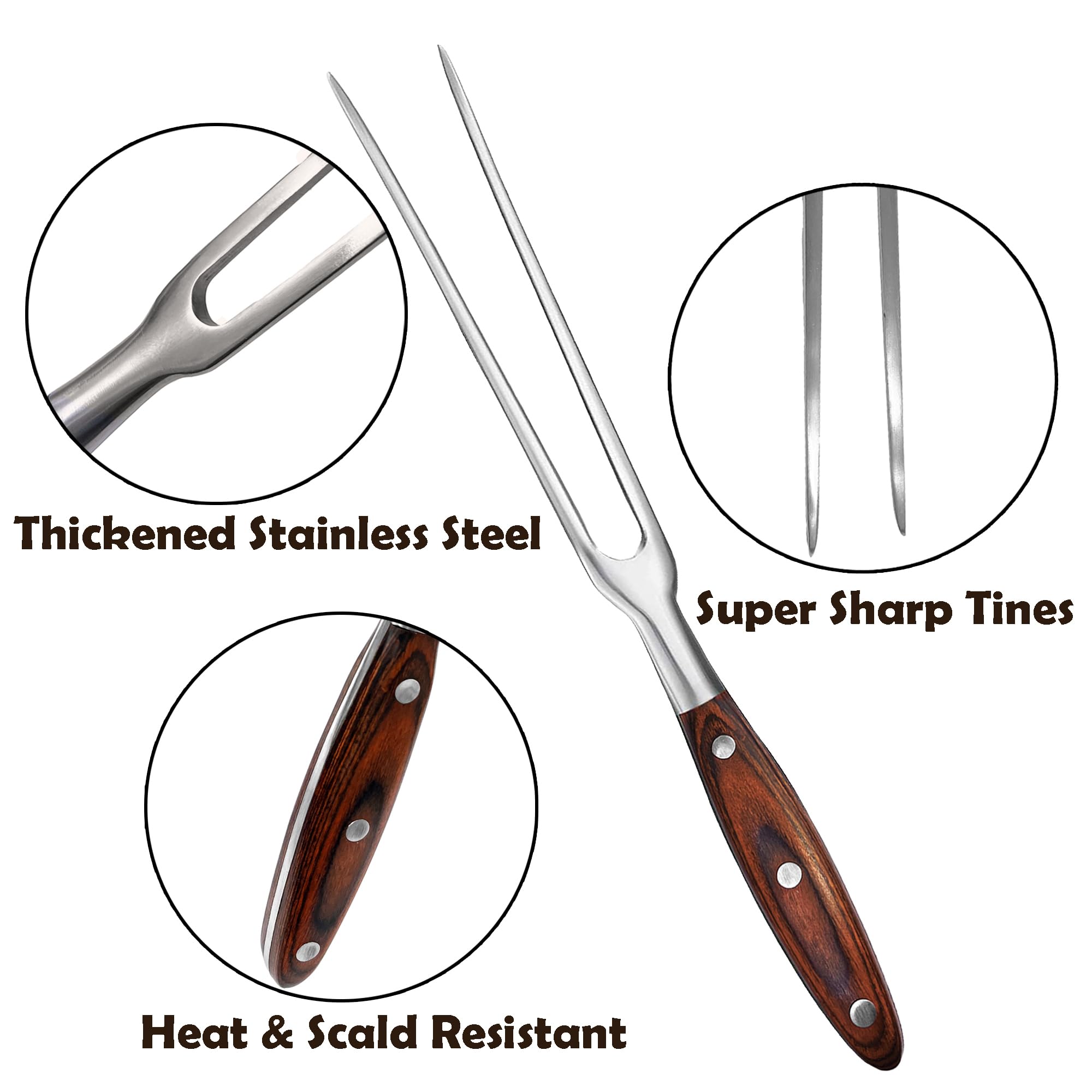 Tenedor de acero inoxidable resistente de 11.6 pulgadas, tenedor de carne para barbacoa y tenedor para servir para cocinar asar carne triturada (mango de madera)