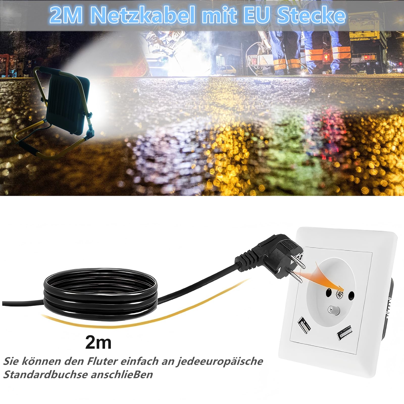 50W Foco de Trabajo LED, Luz de Trabajo superbrillante con Enchufe Europeo, Proyector Portátil para Obra de 6000K con Cable de 2m, Focos LED de construcción para taller, garaje y jardín