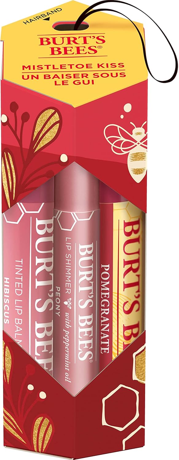 Burt's Bees para la mujer | Set de regalo para cuidado de labios con bálsamo labial de granada, bálsamo labial con tinte de hibisco y brillo labial de peonía | Mistletoe Kiss