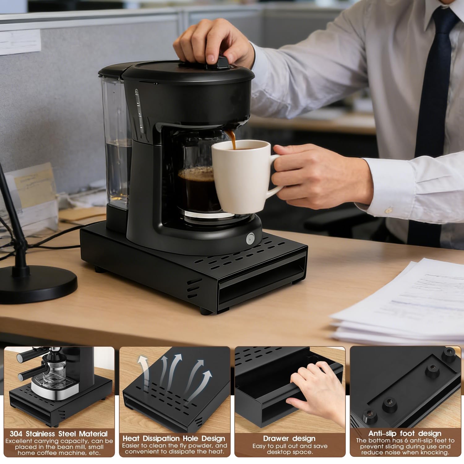 Knockbox per Caffè Espresso in Acciaio Inossidabile, Cassetto Battifondi Caffè, Nero Contenitore per Fondi di Caffè (35 * 25 * 9CM)