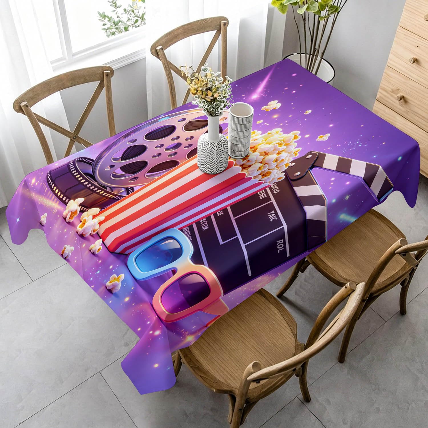Nappe de Table Rectangulaire 150x300 cm, Motif Cinéma | Tissu Polyester Résistant 160g/m², Motif Matériel de Cinéma, Imperméable et Anti-Taches, pour Exterieur Jardin
