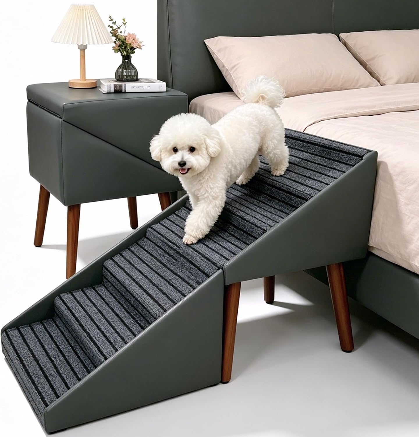 22.5″ H Dog Ramp for Small Dogs – 2-in-1 Leather Foldable Dog Stairs for High Bed & Couch, Converts to Ottoman/Bedside Table – 6-Steps Non Slip Ramp for Medium, Puppy, Senior & Injured Pets