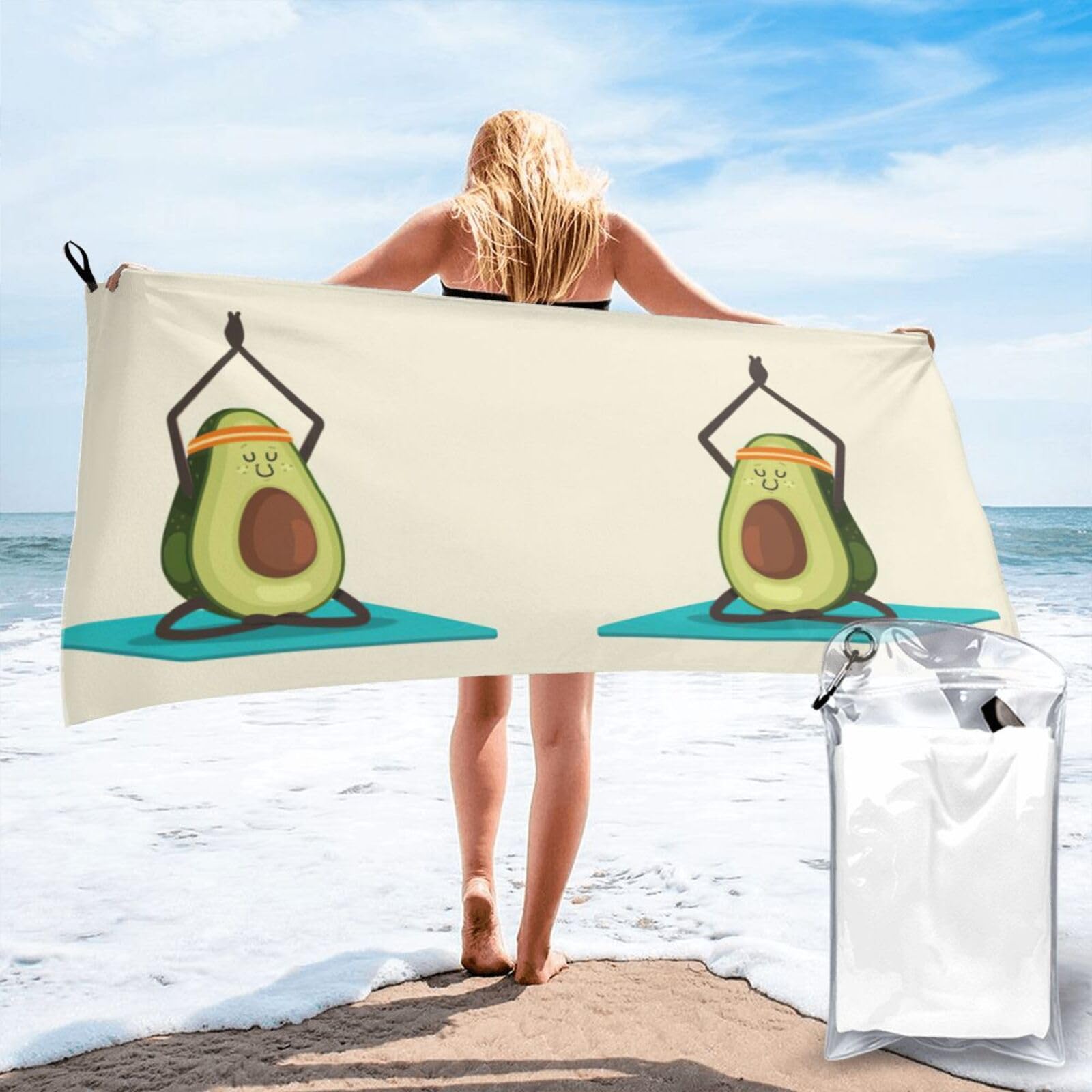 Jiuty White Cute Yoga Avocado Print Fast Dry Beach Towel Portable For Swimming Travel Gym Hiking Gift