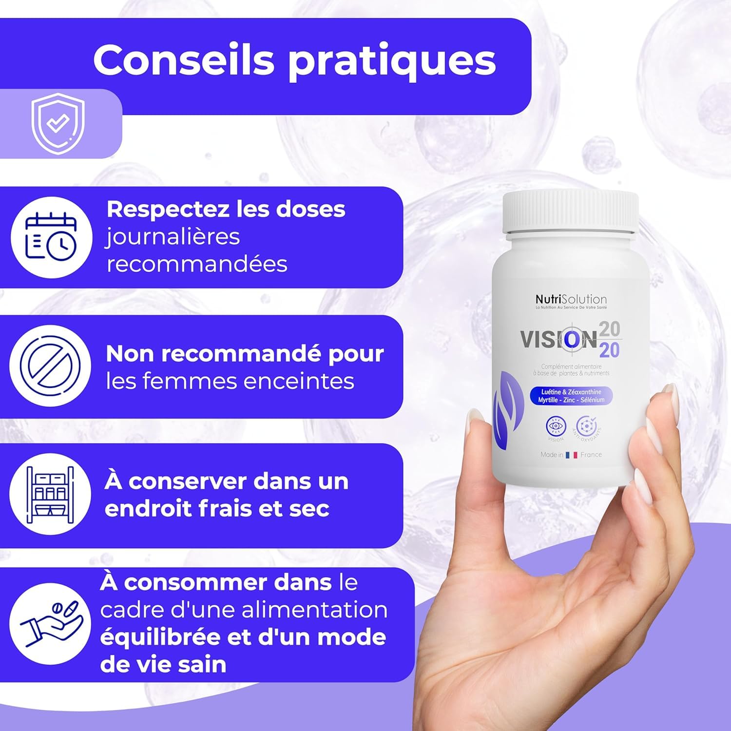 Vision 20/20 : Complément Naturel pour la Santé des Yeux à Base de Myrtille, Lutéine et Zéaxanthine - Favorise une Vision Claire - 30 gélules véganes - Fabriqué en France par NutriSolution (1)