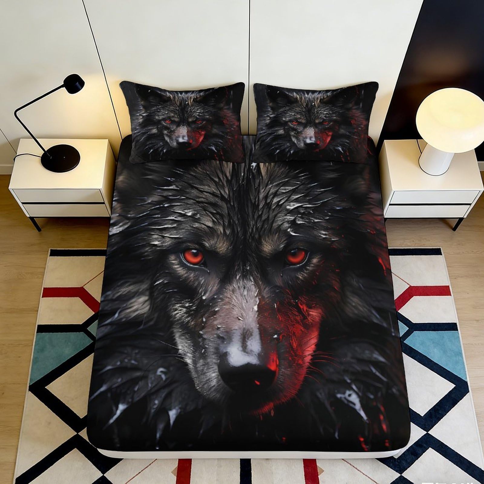 Pnayamiorkfel Style-6 3D Printed Dark Wolf Fitted Sheet Microfiber Black Red Eyes Bed Cover For Bedroom Dorm Mattress Decor 90X200x25cm