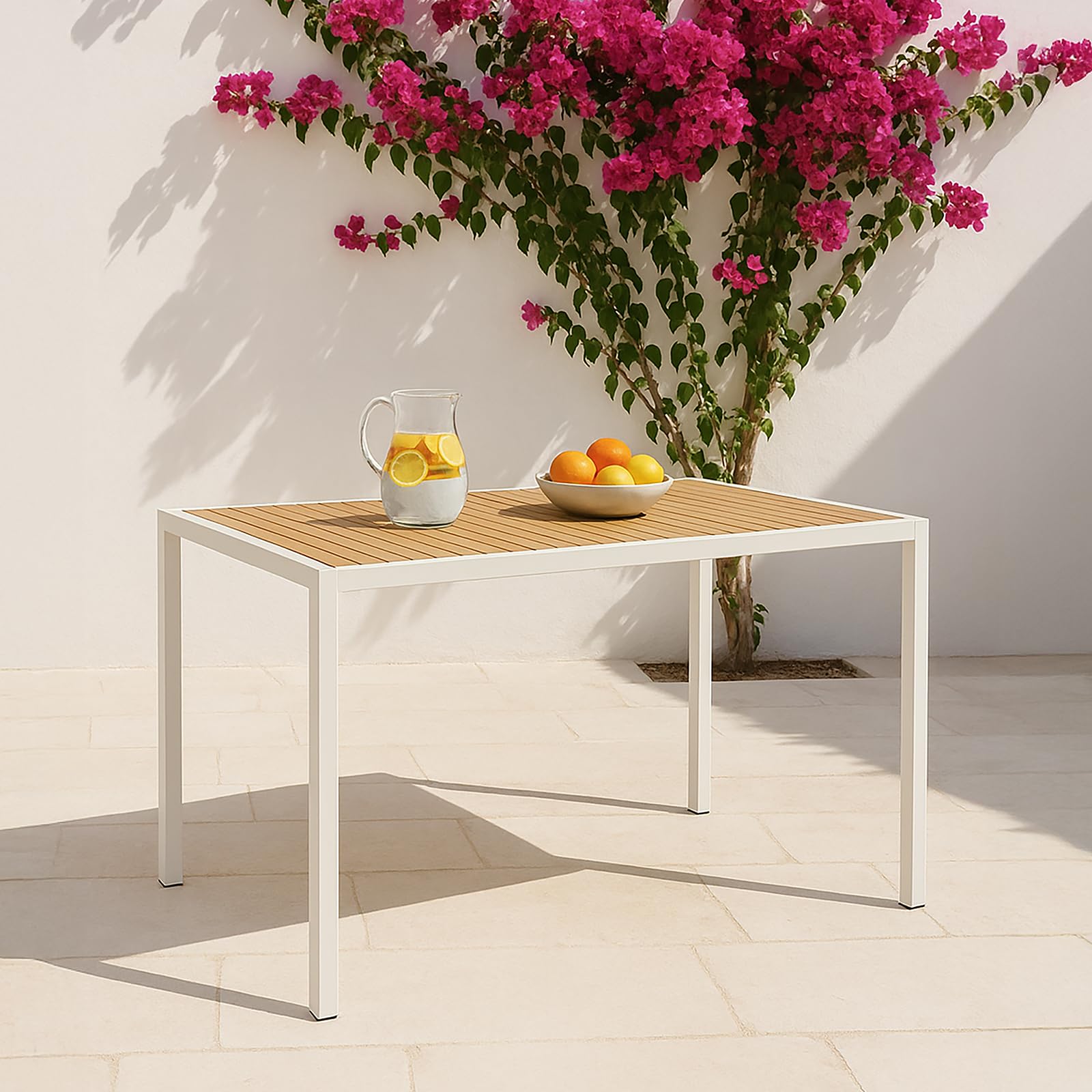 Mesa exterior Jaida para terraza 120x70 madera fresno y acero - Mesa jardín moderna robusta elegante - Mesa de terraza exterior para patio, balcón, comedor, jardín - Tablero de Listones (Blanco)