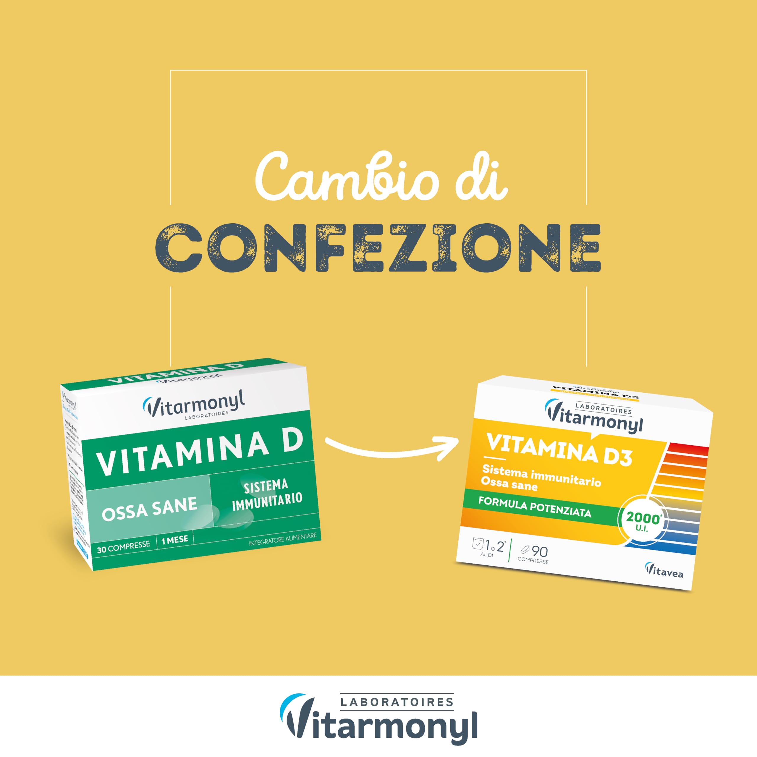 Vitamina D3 - Formula Potenziata 2000 UI - Integratore Difese Immunitarie - Assorbimento Calcio e Fosforo, Salute Ossa, Denti e Muscoli - Sistema Immunitario - 90 Compresse - Vitarmonyl