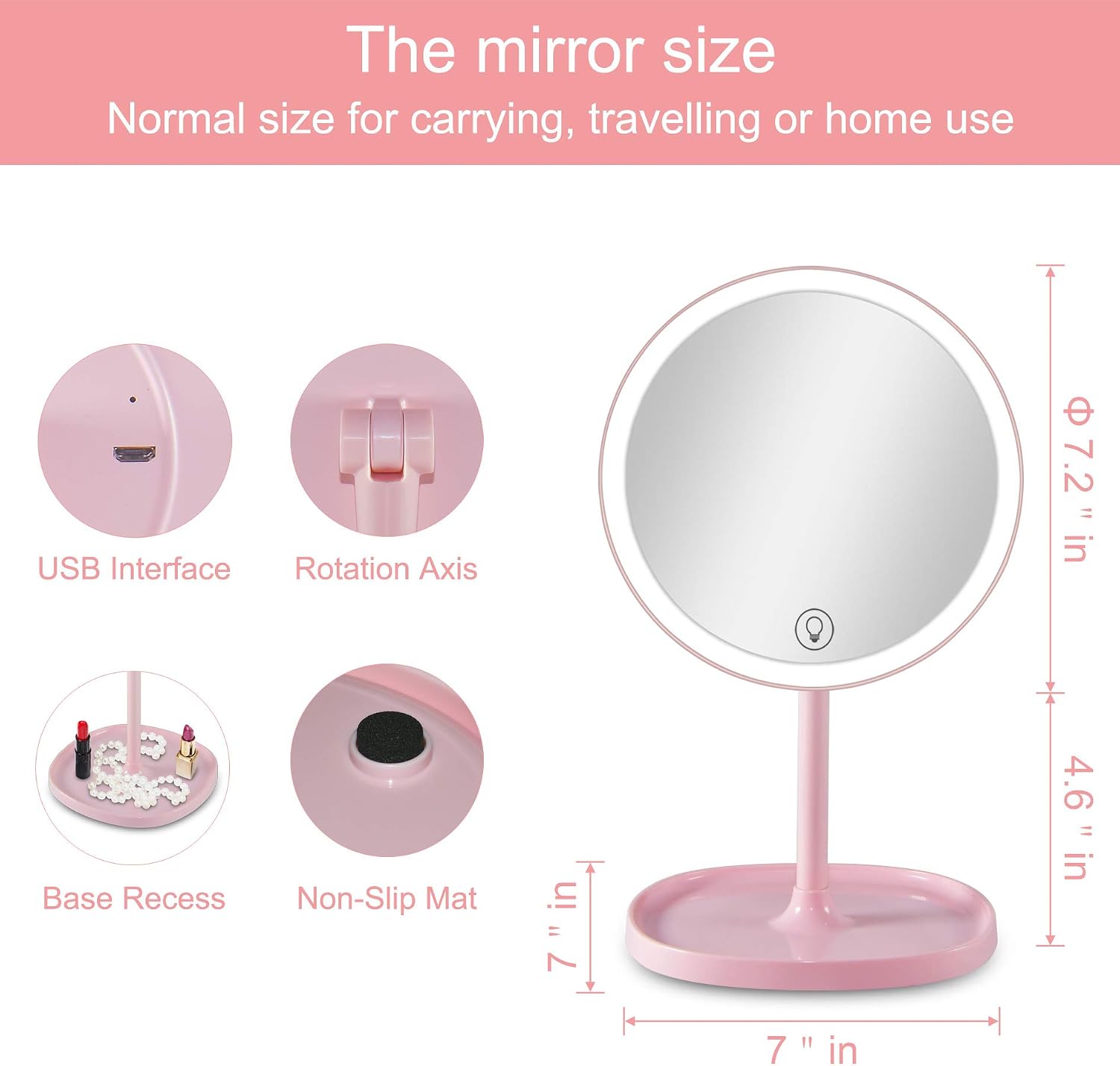 Sailstar LED Makeup Mirror, 4000K Makeup Mirror with Lights, Touch Screen Dimming, 1X/10X Magnification, 180 Degree Rotation, Support USB Charging, Detachable Portable Mirror