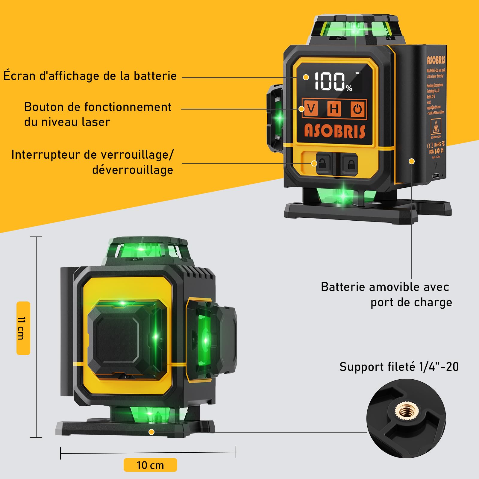 Niveau Laser avec Trepied 360° x 4,ASOBRIS 4D 16 Lignes Laser Chantier Autonivelant,Lazer Niveaux Vert Laser Exterieur,Laser Niveau 2x2400mAh Batterie,Support Rotatif Télécommande Mode Impulsion