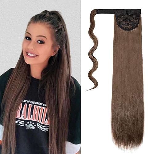 Cybelleza Extensión de cola de caballo larga y recta, color marrón, 22 pulgadas, extensiones de cabello sintético con clip, extensiones de cola de