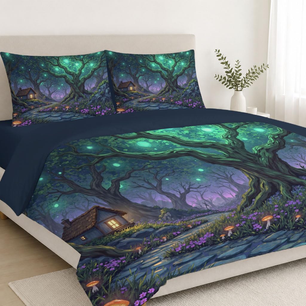 Bettwäsche 155x220cm Hütte Bäume 3 Teilig Wendebettwäsche Set | Märchen Wald Microfaser Deckenbezug, Grün Lila Bettbezug mit Reißverschluss und 2 Kopfkissenbezug 80 x 80 cm