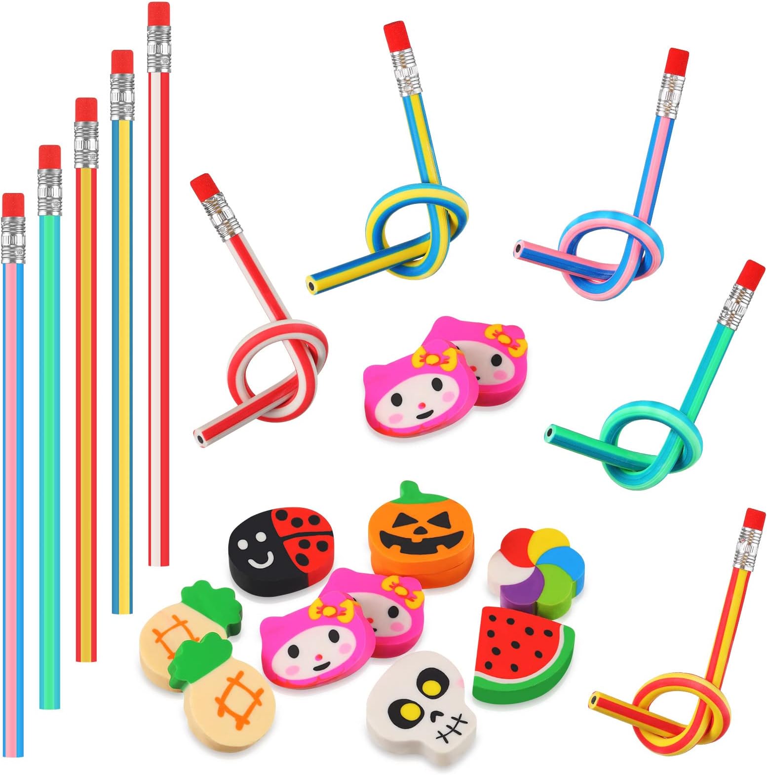 20 Pieces Kids' Party Favours Party Bag Filler Set, 10 Soft Flexible Bendy Pencils Fun Pencils and 10 Mini Erasers Cartoon Animal Erasers Toys for Christmas Stocking Stuffer Fun Stationary Equipment
