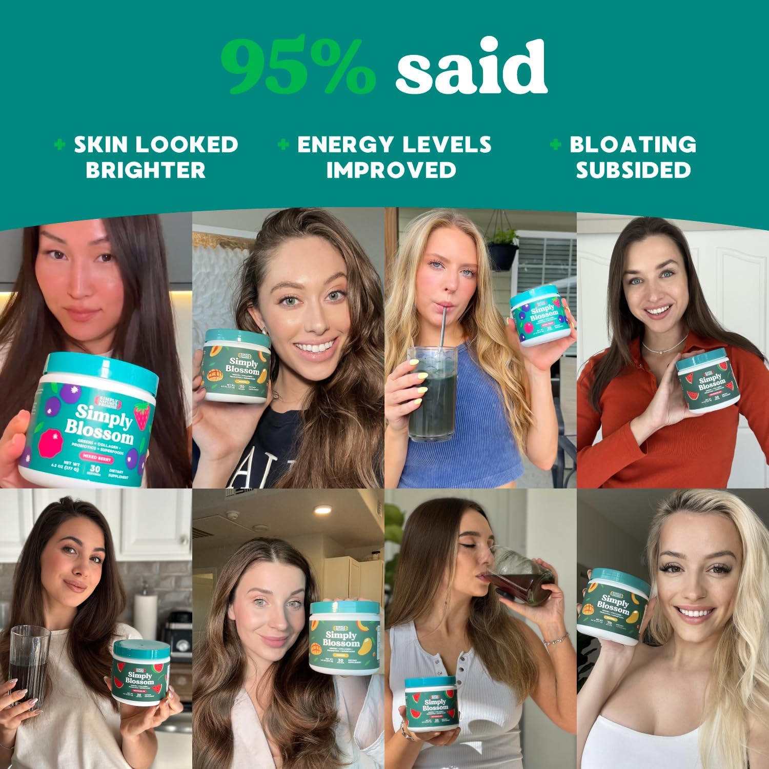 Simply Blossom Nutrition Daily Greens & Superfood Powder + Collagen + Probiotics for Women's Digestive Health & Bloating Relief. Help Your Health Bloom - 30 Day Supply - Peach Rings