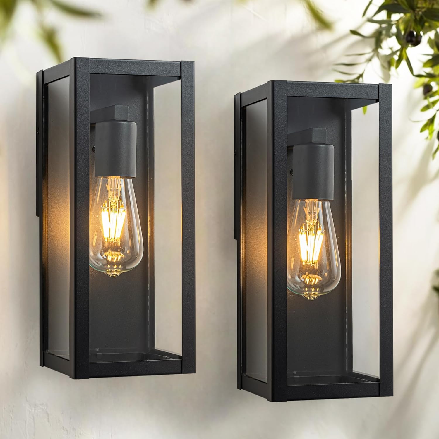 Applique da Esterno per Veranda, Confezione da 2, luci in Vetro Nero Opaco, Lanterna Moderna per Esterni, Lampada da Esterno con Attacco E27, apparecchio di Illuminazione per Giardino (2)