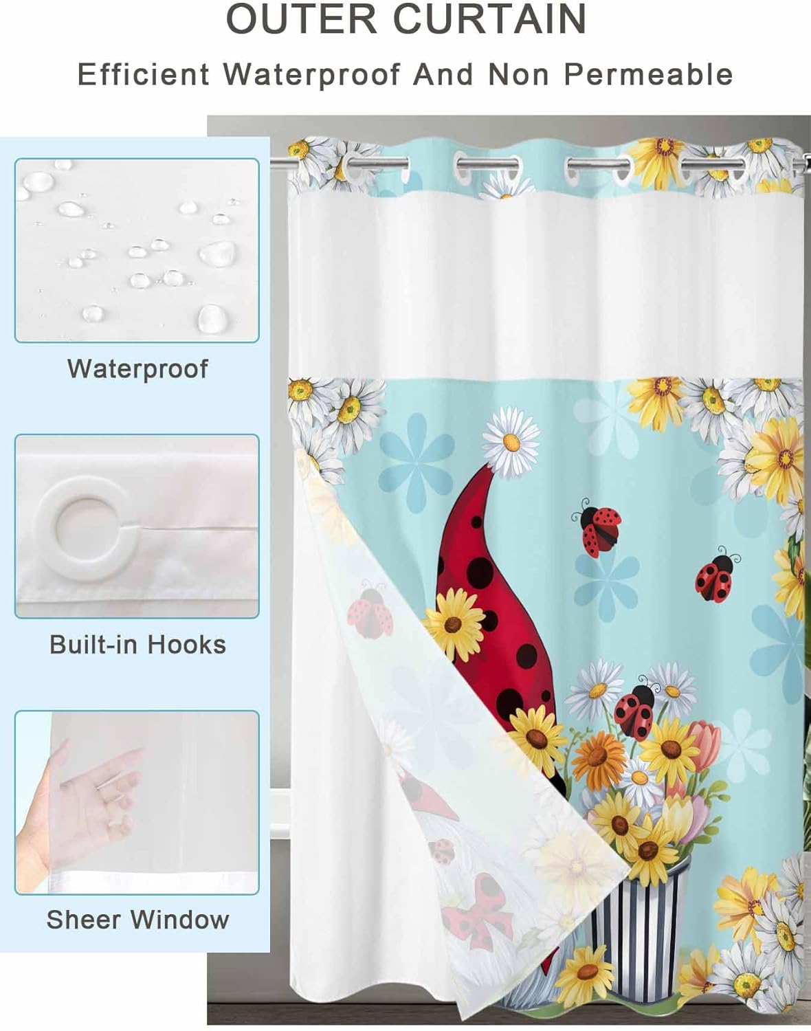 No Hook Shower Curtain with Snap in Liner Set Aqua Gnomes Daisy Shower Curtains for Bathroom Decor Pastoral Country Garden Floral Waterproof Fabric Bath Curtain with See Through Top Window 72x72 Inch
