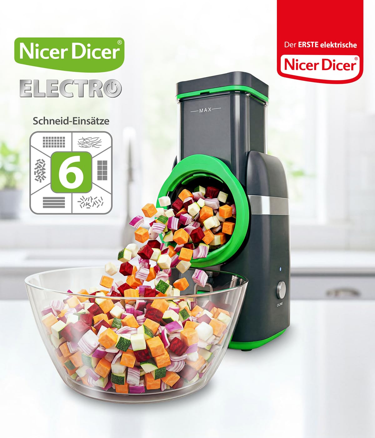 Nicer Dicer Elektrischer Gemüseschneider, 25-teilig, automatischer Gemüseschneider, Käsereibe für Gemüse, Obst, Nüsse, 6 extra scharfe Einsätze, Ein-Knopf, leicht zu reinigen, leistungsstark