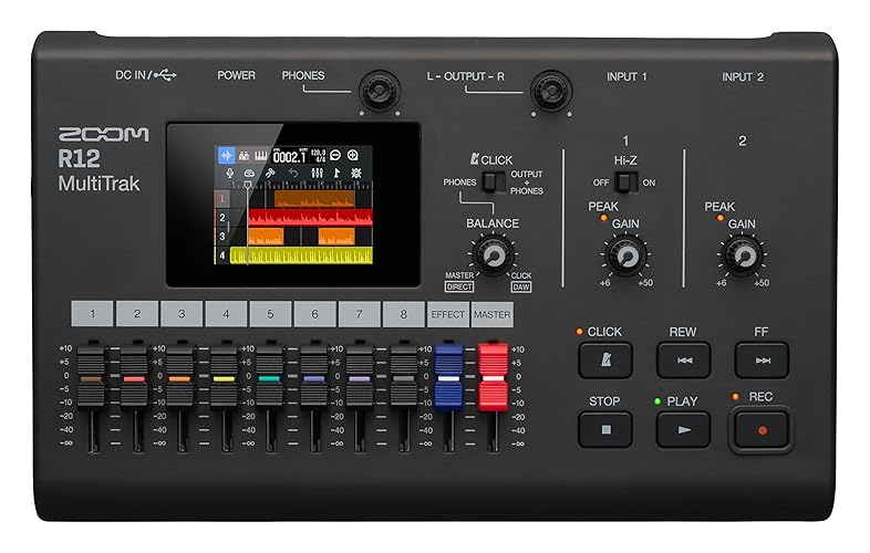 Grabador portátil multipista Zoom R12, con pantalla táctil, edición integrada, 8 pistas, 2 entradas combinadas, efectos, sintetizador, bucles de batería, alimentación por batería e interfaz de audio USB