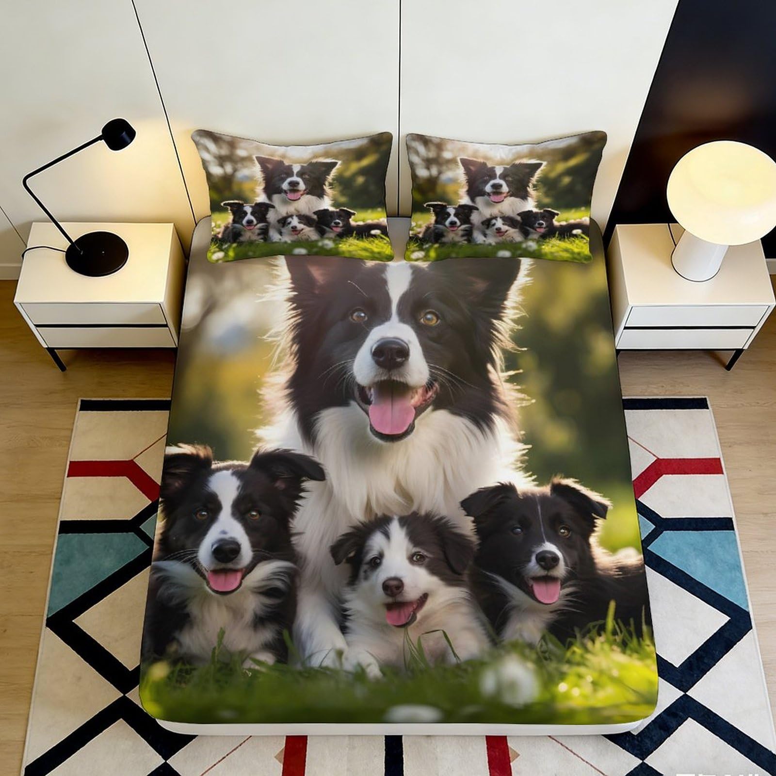 Uxinyoume Style-4 3D Printed Border Collie Dog Fitted Sheet Microfiber Soft Non-Slip Bed Cover Bedroom Decor Machine Washable 90X200x25cm