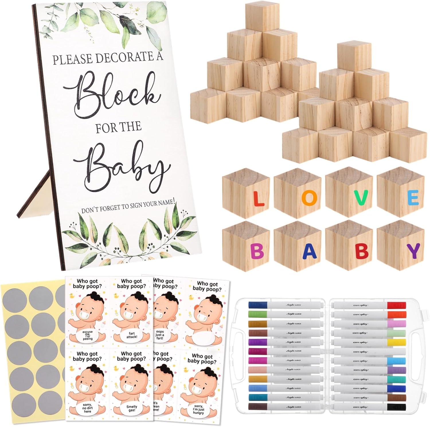 115 PCS Shower Games Sign Set - Baby Shower Blocks to Decorate Shower Activitie Sign DIY Blank Wooden Block, Including Decorate a Block Game Sign 50 DIY Blank Wooden Block 24 Acrylic Paint Marker