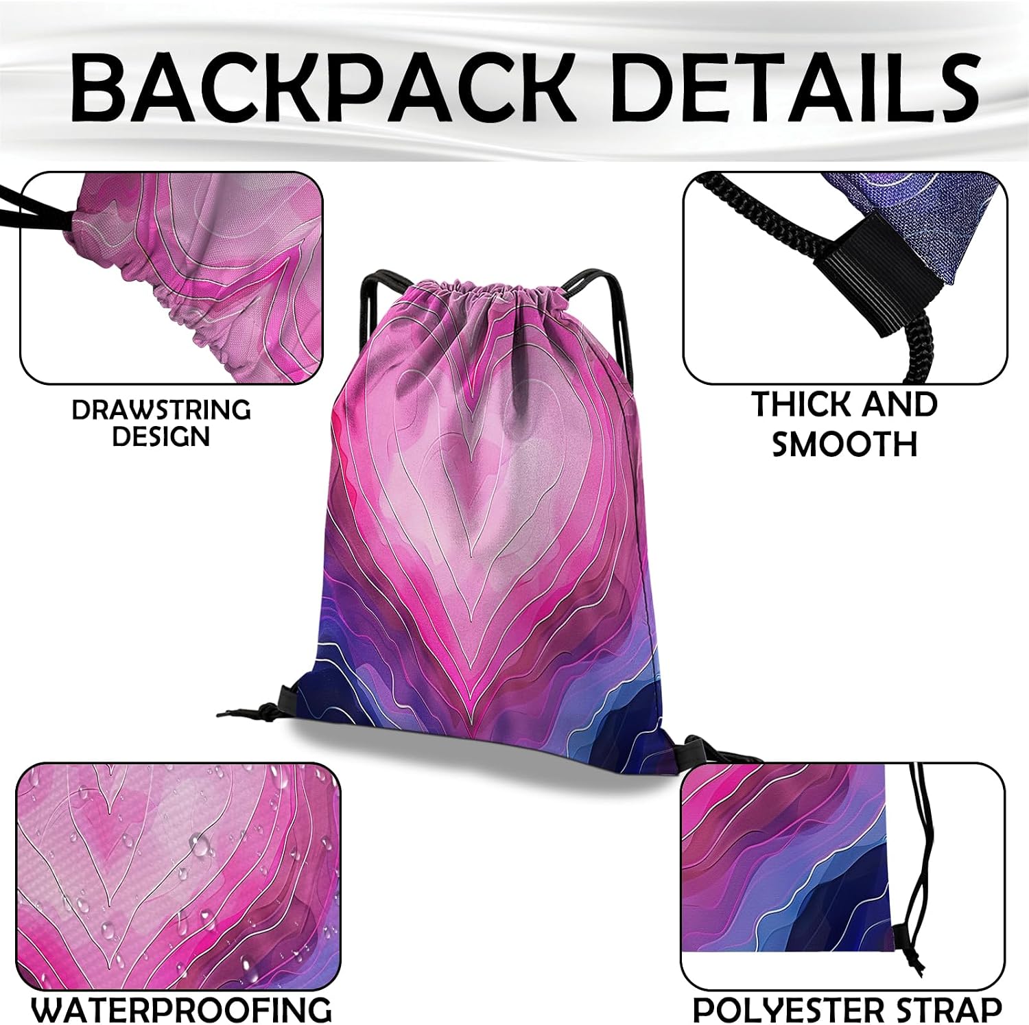 Drawstring Backpack Draw String Bag Waterproof for Sports Gym Beach Travel Cute Aesthetic Sackpack Men Women (13"×17")-Dark Pink image 3
